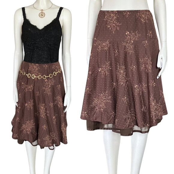 Vintage Y2K 100% Cotton Brown Embroidered Floral Midi Skirt Boho Girlhood XS/S - Picture 1 of 10